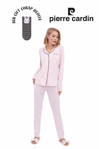 Pierre Cardin Women's Dust Salmon Long Sleeve, Front Buttoned Pajama Set 1 Pair of Socks Gift R.O.Z..8.2.E.L.T.8.