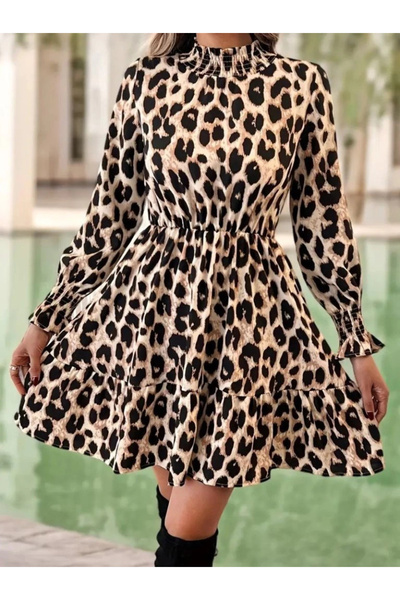 ARONA Γυναικείο μίνι φόρεμα με μακρύ μανίκι με λεοπάρ στάμπα