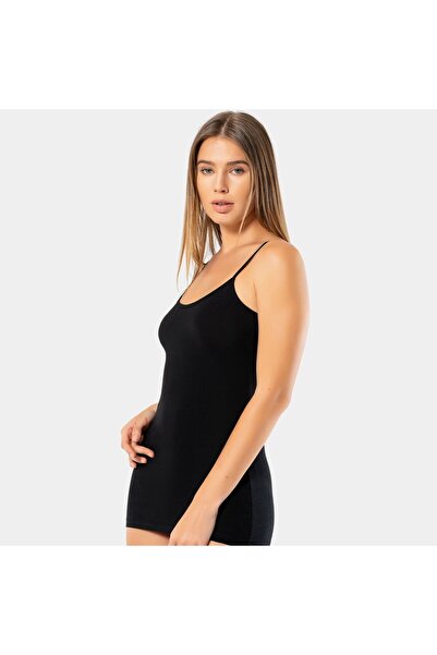 TÜREN Women's Adjustable String Strap Lycra Cotton Long Undershirt 915/Black