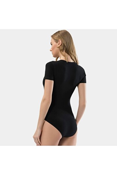 TÜREN Women's U-Neck Short Sleeve Cotton Bodysuit with Snap Fasteners 299/Black