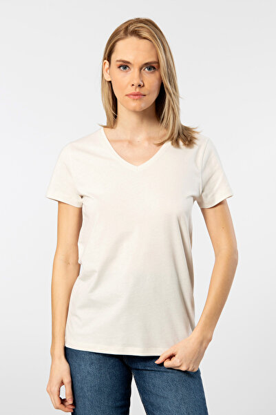 NazikEndam Venice V-Neck Short Sleeve Women's T-Shirt - Ecru