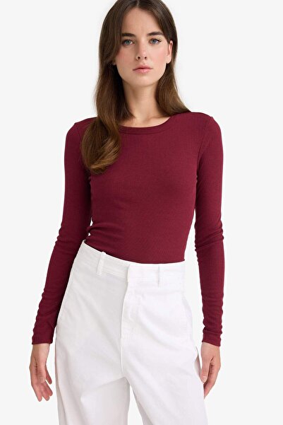 DeFacto Slim Fit Dar Kesim Basic Düz Fitilli Kaşkorse Uzun Kollu Tişört E5767AX25AU