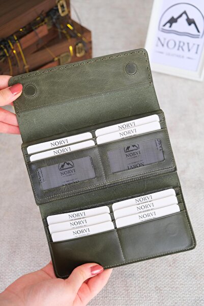 Norvi Leather Saraciye Stitched Genuine Leather Wallet with Phone Compartment Khaki Green 1052