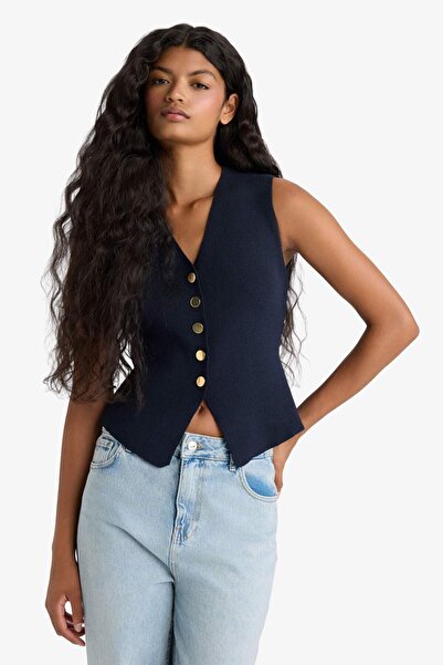 DeFacto Fitted V Yaka Düğmeli Triko Yelek G1164AX25AU