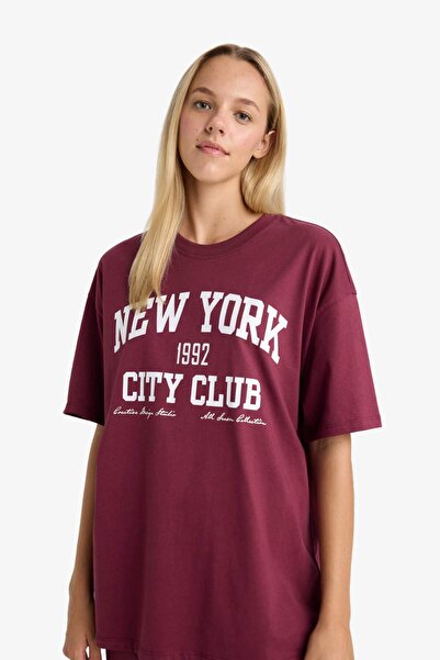 DeFacto Oversize Geniş Kalıp Bisiklet Yaka Baskılı Kısa Kollu Tişört F7876AX25AU