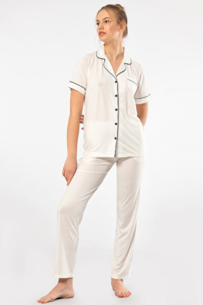 TÜREN Plain Short Sleeve Shirt Collar Pajama Set 3368 Ecru 3368/Ecru