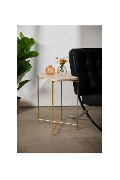 Marmony Concept Gerçek Traverten Yan Sehpa (Gold Altın Ayak)