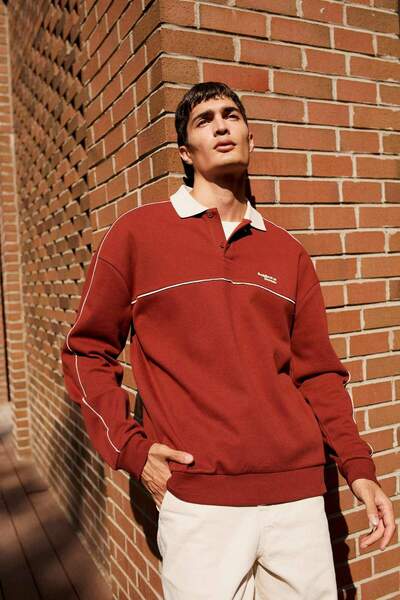 DeFacto Boxy Fit Relaxed Cut Polo Neck Printed Sweatshirt F0116Ax25Au