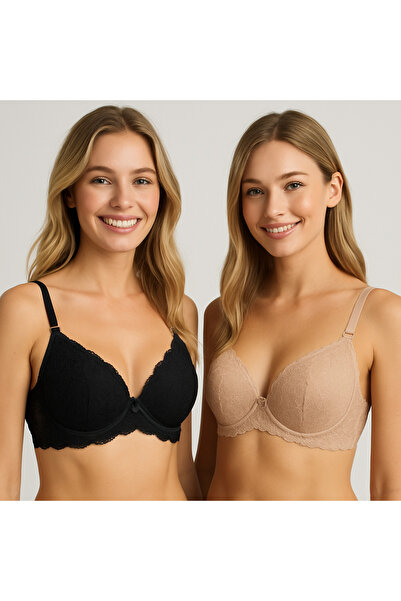 Pierre Cardin 2'li Ekonomik Paket Nude Siyah 6808 Rome Yarı Destekli Sırt Detay Dantelli Sütyen Set