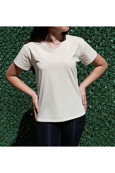 siyalife Γυναικείο μπλουζάκι με λαιμόκοψη σε σχήμα V Basic Cream T-shirt