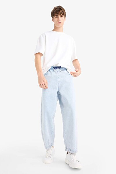 DeFacto %100 Pamuk Barrel Fit Beli Bağcıklı Lastikli Geniş Paça Jean Yıkamalı Pantolon F8345AX25AU
