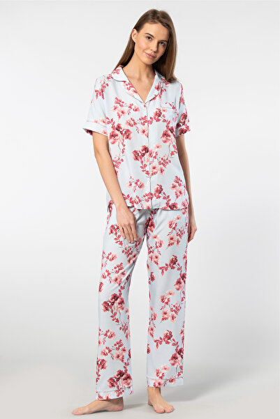 TÜREN Women's Patterned Short Sleeve Woven Pajama Set 3604/Blue