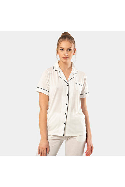 TÜREN Plain Short Sleeve Shirt Collar Pajama Set 3368 Ecru 3368/Ecru