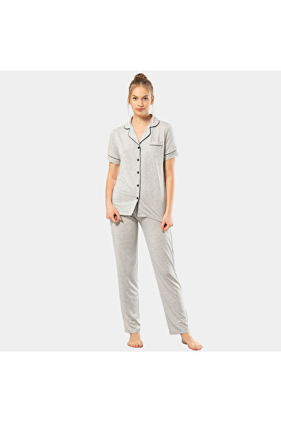 TÜREN Plain Short Sleeve Shirt Collar Pajama Suit 3368/Grey