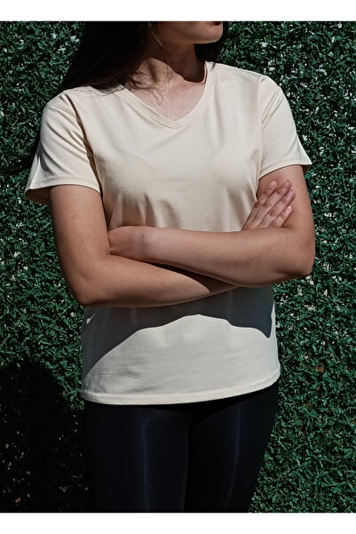 siyalife Γυναικείο μπλουζάκι με λαιμόκοψη σε σχήμα V Basic Cream T-shirt
