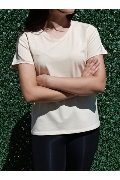 siyalife Γυναικείο μπλουζάκι με λαιμόκοψη σε σχήμα V Basic Cream T-shirt