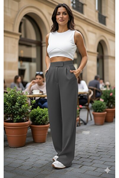 ECEYLÜL MODA Scuba Crepe Front Pleated Waist Zipper Close Palazzo Pants