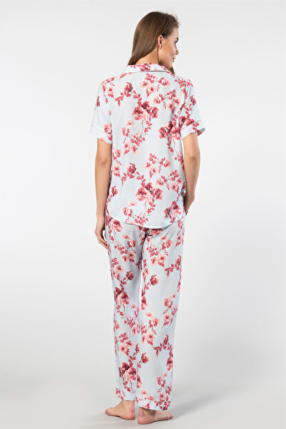 TÜREN Women's Patterned Short Sleeve Woven Pajama Set 3604/Blue