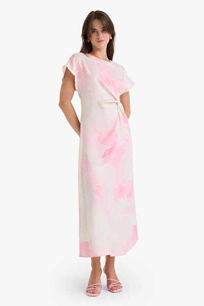 DeFacto Bisiklet Yaka Batik Saten Kısa Kollu Midi Elbise F8015AX25AU