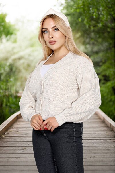 FLEX FASHION Kadın TREND POPÜLER ÖRGÜLÜ RENKLİ İP DETAYLI KISA triko Hırka taş rengi