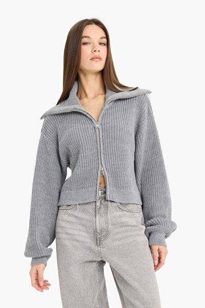 DeFacto Slim Fit Slim Fit Polo Neck Zippered Knitwear Cardigan A3333Ax25Wn