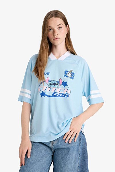 DeFacto Coool Disney Lilo & Stitch Oversize Geniş Kalıp V Yaka Baskılı Kısa Kollu Tişört F9176AX25AU