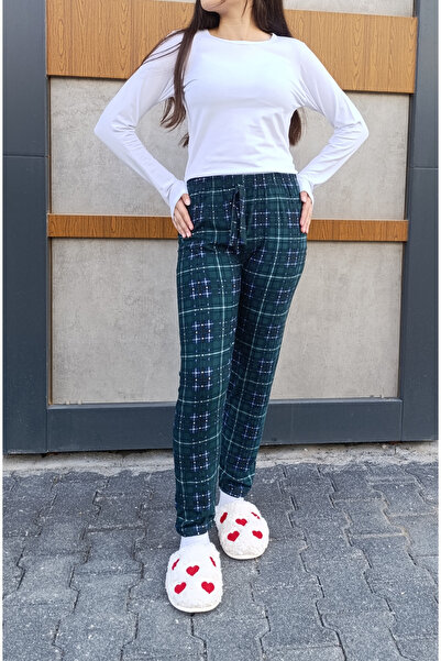 siyalife بيجامة نسائية خضراء من جلد الغزال الناعم ذات ملمس مربع وتفاصيل مربعة