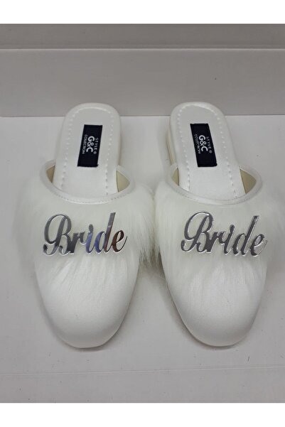 Ceyyiz Papuci de mireasă fără toc din pene de gâscă Bride, ecru-argintiu, cu text