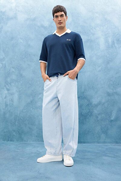 DeFacto %100 Pamuk Barrel Fit Beli Bağcıklı Lastikli Geniş Paça Jean Yıkamalı Pantolon F8345AX25AU