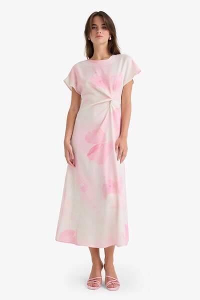 DeFacto Rochie midi cu mânecă scurtă din satin cu decolteu în formă de cravată F8015AX25AU