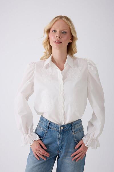 fumel women's clothing Women's White Scallop Detailed Princess Vintage Shirt