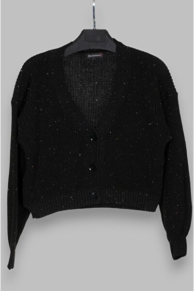 FLEX FASHION Femei TREND POPULAR TRICOTATĂ CULOARE FRĂȘĂ DETALIE NEGRU TRICOTAT Scurt Cardigan