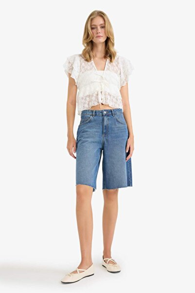 DeFacto Fitted V Neck Tulle Tie Front Short Sleeve Blouse F7943Ax25Au