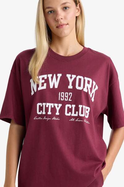 DeFacto Oversize Geniş Kalıp Bisiklet Yaka Baskılı Kısa Kollu Tişört F7876AX25AU