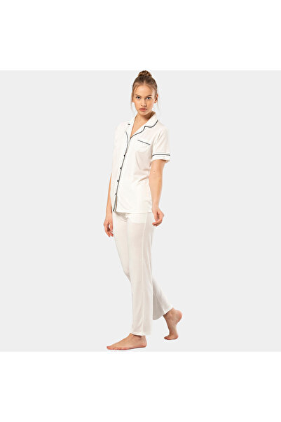 TÜREN Plain Short Sleeve Shirt Collar Pajama Set 3368 Ecru 3368/Ecru