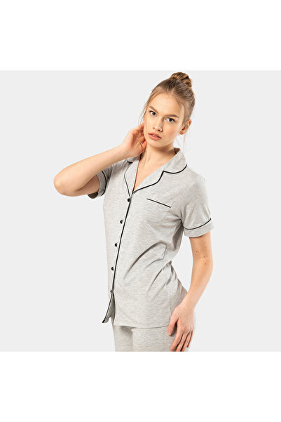 TÜREN Plain Short Sleeve Shirt Collar Pajama Suit 3368/Grey