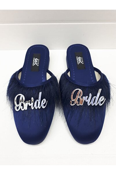 GC Terlikler Papuci de mireasă fără toc din pene de gâscă, albastru închis-ar...