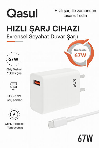 qasul 67W Turbo Sayaçlı Süper Hızlı Şarj Cihazı iPhone Samsung Xiaomi Laptop Uyumlu