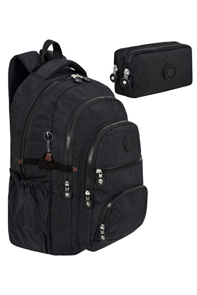 Çantaland 2'lİ Set Lüx Krinkıl Kumaş Lise Ve Ortaokul Sırt Çantası + Kalemlik, Maymun Anahtarlık Hediyeli