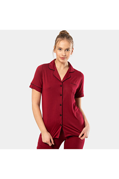 TÜREN Plain Short Sleeve Shirt Collar Pajama Set 3368 Claret Red 3368/Claret Red