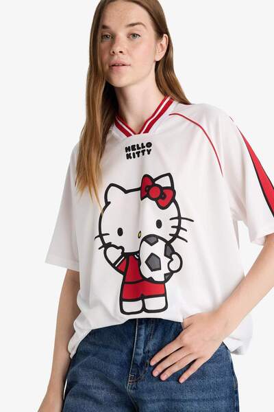 DeFacto Cool Hello Kitty Oversize Φαρδύ μπλουζάκι με στάμπα με λαιμόκοψη V με κοντό μανίκι F9182AX25AU