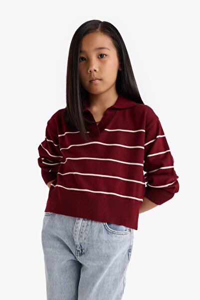 DeFacto Kız Çocuk Standart Fit Polo Yaka Çizgili Triko Kazak E7737A825AU