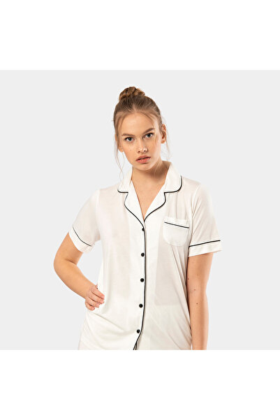 TÜREN Plain Short Sleeve Shirt Collar Pajama Set 3368 Ecru 3368/Ecru