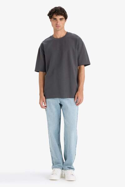 DeFacto Υπερμεγέθη φαρδύ λαιμόκοψη βαρύ ύφασμα Basic μονόχρωμο κοντομάνικο μπλουζάκι E9798AX25AU