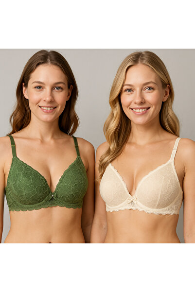 Pierre Cardin Economical Pack of 2 Ecru Green 6808 Rome Semi Supported Back Detail Lace Bra Set
