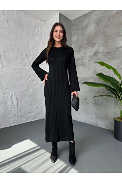 Stil Sepeti Női fekete, nyakú, mercerizált kötött ruha TL-1000250001