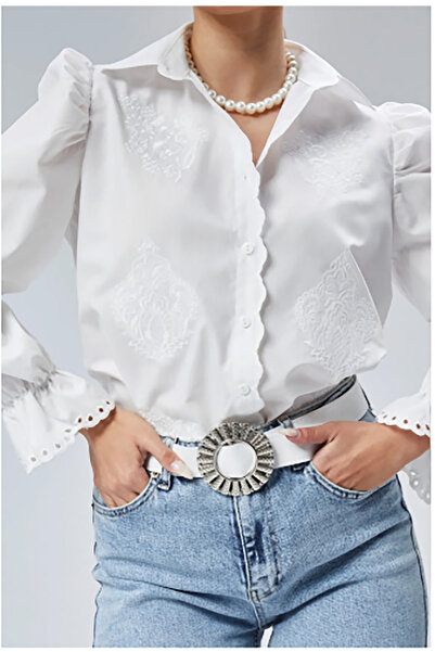 fumel Women's White Scallop Detailed Princess Vintage Shirt
