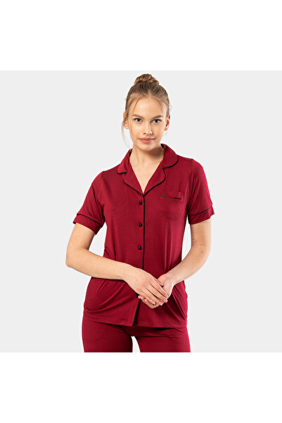 TÜREN Plain Short Sleeve Shirt Collar Pajama Set 3368 Claret Red 3368/Claret Red
