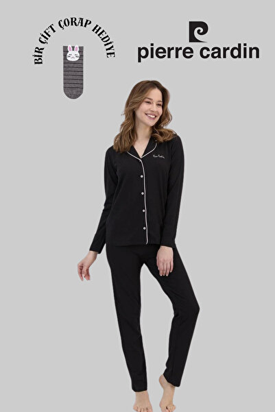 Pierre Cardin Women's Black Modal & Cotton, Long Sleeve, Button Front, Women's Pajama Set 1 Pair Socks Gift