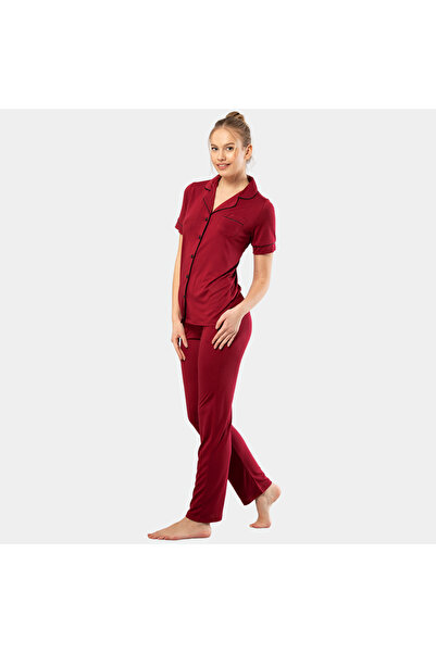 TÜREN Plain Short Sleeve Shirt Collar Pajama Set 3368 Claret Red 3368/Claret Red
